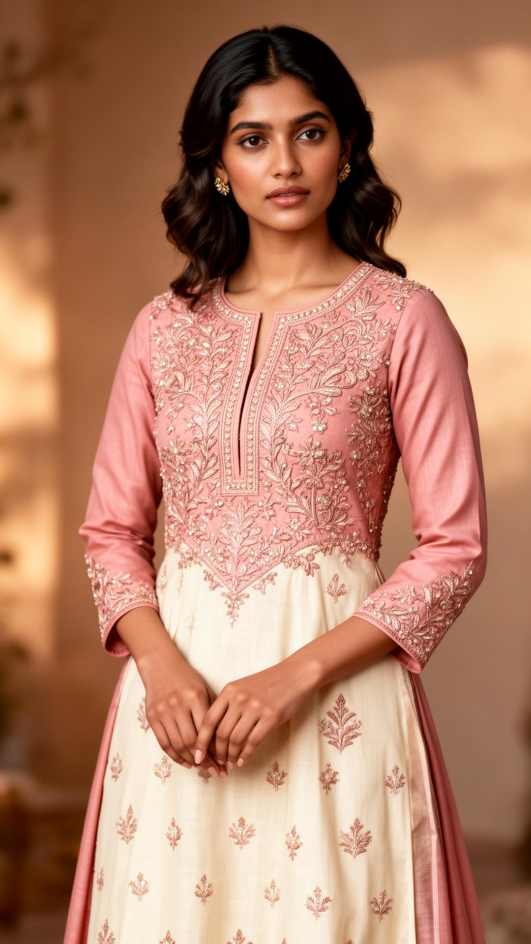 Model wearing premium embroidered kurti from AR Collections
